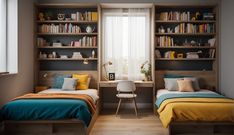 two beds in a room with bookshelves and desks next to each other