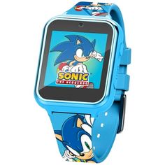 a blue watch with an image of sonic on it