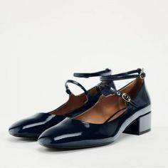 Mary Jane Style Shoes With Faux Patent Leather. Block Heels. Double Strap Closure. Heel Height: 1.6 Inches (4 Cm) Blue Blue Patent Leather Heels For Work, Blue Mary, Shiny Shoes, Leather Boot Shoes, Patent Leather Shoes, Leather Block Heels, Leather Mary Janes, Zara Shoes, Low Heels