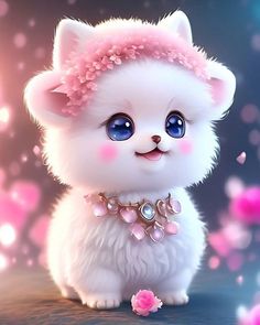 a small white kitten with blue eyes and pink hair sitting on top of a table