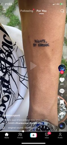 a person with a tattoo on their leg and the words nights by frank written in black ink