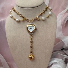 Watch Necklace with Heart Charm and Freshwater Pearls pink rhinestones  Watch Choker Necklace in Working Condition Hand made necklace.  Amazing Watch Choker, Keeps Time! Watch Choker Necklace, Watch Choker, Heart Watch, Necklace With Heart, Rhinestone Watches, Amazing Watches, Wire Jewelry Designs, Rosary Necklace, Dream Engagement