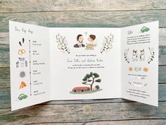 an open wedding program with illustrations on it