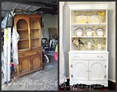 two pictures side by side one has a china cabinet and the other has plates on it