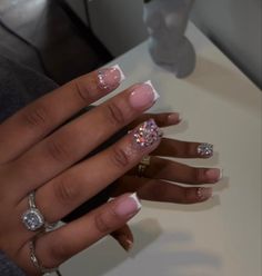 Short Acrylic Nails With Gems, Short Square Acrylic Nails French Tips, Bad And Boujee Nails Short, Short Blinged Out Nails, Short Baddie Nails, Short Nail Set, Mini Nails, Acrylic Toe Nails