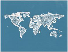 a blue and white drawing of the world map