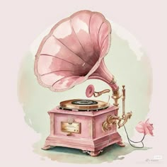 an old fashioned pink record player with a phonograph on it's side