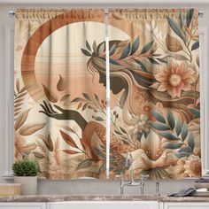 a kitchen curtain with an image of a bird and flowers on it