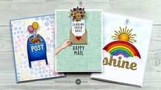 three greeting cards with envelopes, one for mail and the other for postcards