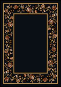 a black and gold area rug with flowers on the border, in an ornate frame