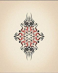 an abstract design with red and black colors on a white background, in the shape of a snowflake