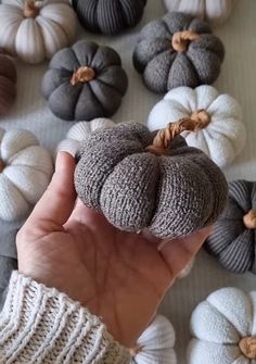 a hand is holding a small pumpkin in front of several smaller pumpkins on the ground