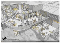 an architectural drawing of a kitchen and dining area in a building with yellow accents on the walls