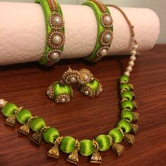 Indian Women Silk Thread Necklace Set With Bangles Jewelry Handmade Bangle Size 2.8 Green Thread Bangles, Silk Thread Necklace, Green Thread, Thread Necklace, Silk Thread Bangles, Fancy Jewellery Designs, Bridal Necklace Set, Thread Bangles, Indian Necklace