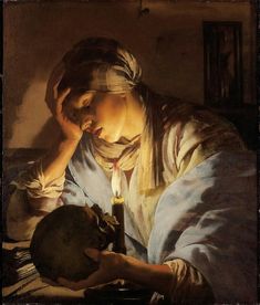 a painting of a woman lighting a candle