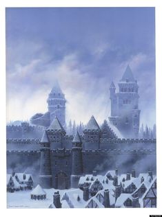 a painting of a castle in the middle of winter with snow on the ground and trees