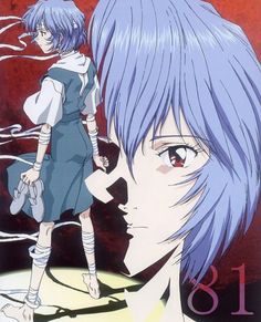 an anime character with blue hair standing in front of a red background