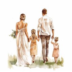 a watercolor painting of a man and woman holding hands with their two young daughters