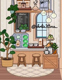 the interior of a coffee shop with potted plants and other items on the counter