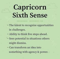 the words capricorn, sixth sense are in black and white on a green background