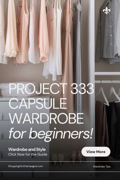 a closet with clothes hanging on it and the text project 383 capsule wardrobe for beginners