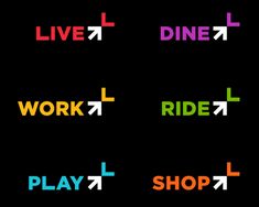 four different colored stickers that say live, dine, work, ride and play