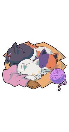 two cats sleeping in a cardboard box next to a ball of yarn