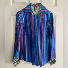 Thunderbird Brand Rodeo Shirt-From The Membership Subscription Multi Color Stripe/Silk “Turquoise Jewelry” Print On Cuffs, Inside Collar, And Rear Yolk Of Shirt Size: Small Never Worn/Nwot Rodeo Shirts, Stripe Silk, Color Stripes, Turquoise Jewelry, Rodeo, Button Down Shirt, Multi Color, Womens Tops, Turquoise