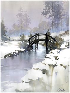 a painting of a bridge over a stream in the snow