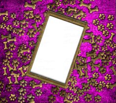 a purple background with gold dog paw prints and a frame for a photo or an image