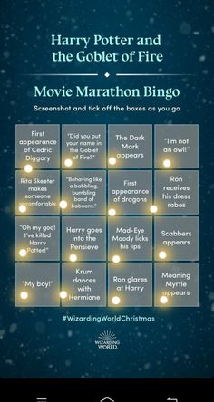 the harry potter and the goblet of fire movie marathon bingo game on an iphone