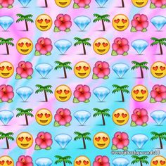 an image of many different emoticions on a blue and pink background with palm trees