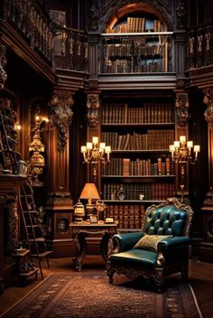 an old fashioned chair in front of a bookshelf