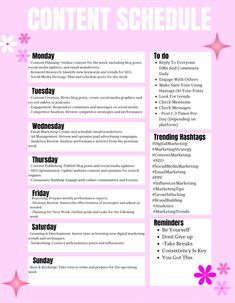 a pink and white poster with the words content schedule written in black, on top of it