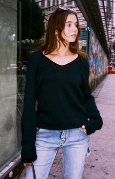 John Galt Blue V-Neck Sweater | PacSun Vneck Sweater Outfit, V Neck Sweater Outfit, Blue Sweater Outfit, Sweater Women Outfit, Dark Blue Sweater, Yellow Clothes, Brandy Melville Sweaters, Clothing For Tall Women, Solid Color Sweater