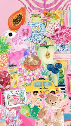 a collage of pink, yellow and blue items with animals on them in front of a zebra - print background