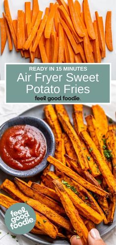 air fryer sweet potato fries on a plate with ketchup and dipping sauce