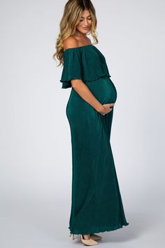 Forest Green Pleated Ruffle Off Shoulder Maternity Maxi Dress– PinkBlush Pregnant Wedding Guest Outfits, Maternity Dress Wedding Guest, Maternity Shoot Dresses, Blush Maternity Dress, Green Maternity Dresses, Cocktail Dress Maternity, Off Shoulder Neckline, Pink Blush Maternity Dress, Cute Maternity Dresses