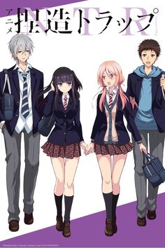 three anime characters in school uniforms