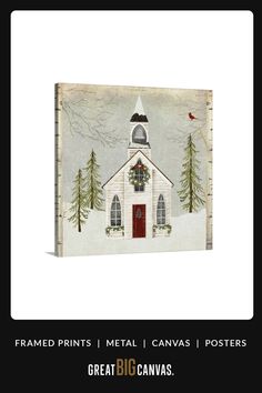 a christmas card with a church in the snow