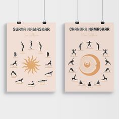 two posters showing yoga poses and their corresponding body shapes, with the words surya namaska on them