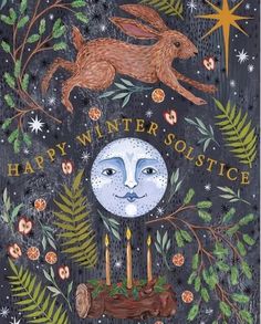 a card with an image of a rabbit on it and the words happy winter solstice