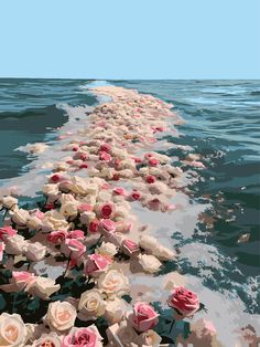 there are many pink and white flowers along the water's edge in this digital painting