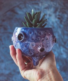 a hand holding a blue ceramic planter with eyes on it