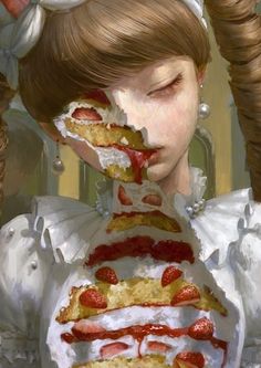 a painting of a woman with strawberry shortcakes on her face and hands in front of her face