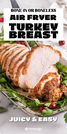 A thick juicy slice of turkey breast on a fork with sliced boneless turkey breast on platter behind. Air Fryer Turkey Tenderloin Boneless, Oven Roasted Turkey Breast Boneless, Boneless Turkey Roast Recipes, Turkey Breast Air Fryer, Cosori Recipes, Air Fryer Turkey Breast, Aloha Chicken, Boneless Turkey Breast, Ninja Grill