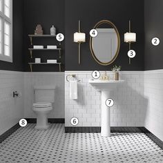 a bathroom with black and white tile flooring, toilet, sink, mirror and shelving