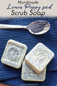 homemade lemon poppy seed scrub soap on a blue towel next to a spoon with lavender flowers