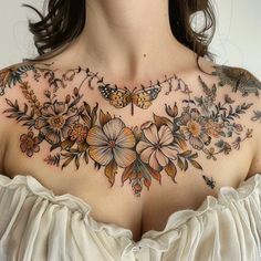 Artful Chest Tattoos For Women Tattoo Sketches Chest Tattoo Female Colorful, Chest And Shoulder Tattoo Women, Pagan Chest Tattoo, Chest Pieces For Women, Scrapbook Tattoo Sleeve, Womens Shoulder Blade Tattoo, Pretty Feminine Tattoos, Chest Piece Tattoo Female, Traditional Arm Tattoos For Women