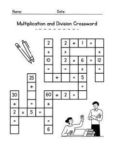 the worksheet for addition and division crosswords is shown in black and white